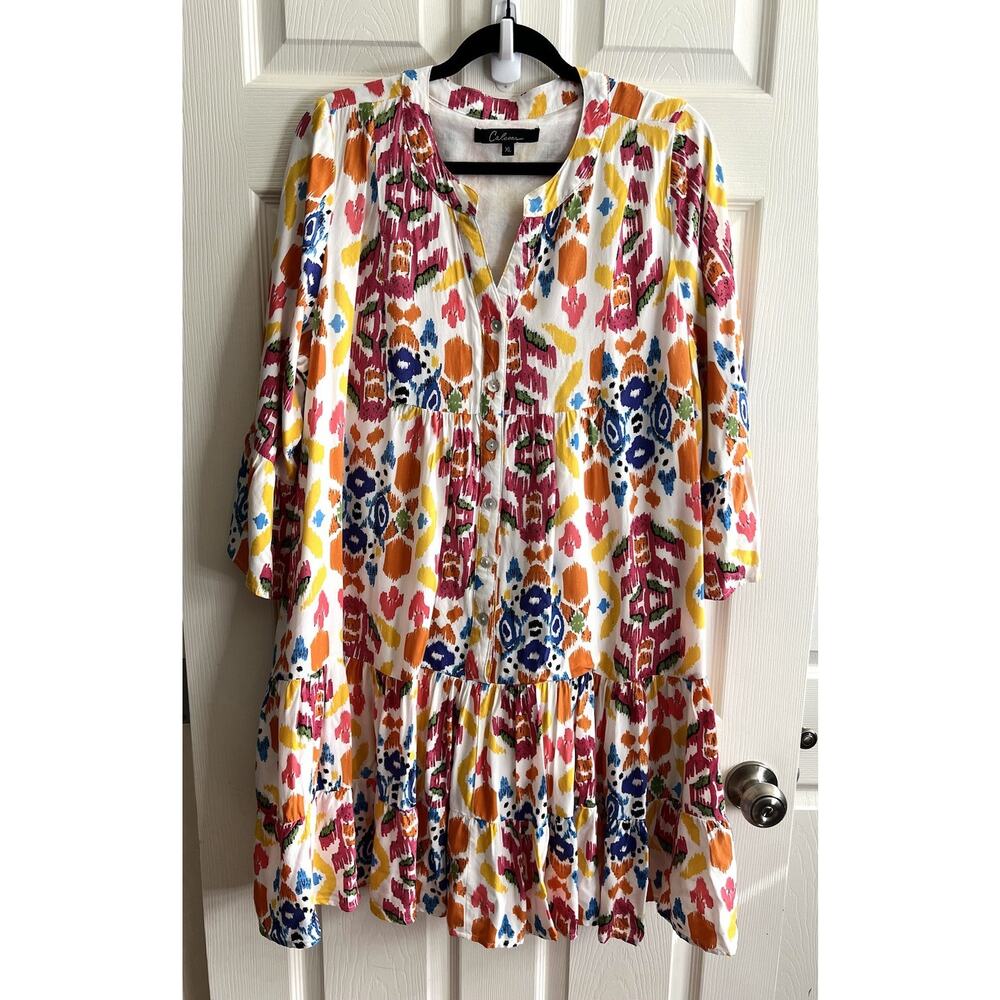 CALESSA Women's Ikat Colorful Tiered Boho Beachy Ruffle Hem Tunic Dress Sz XL